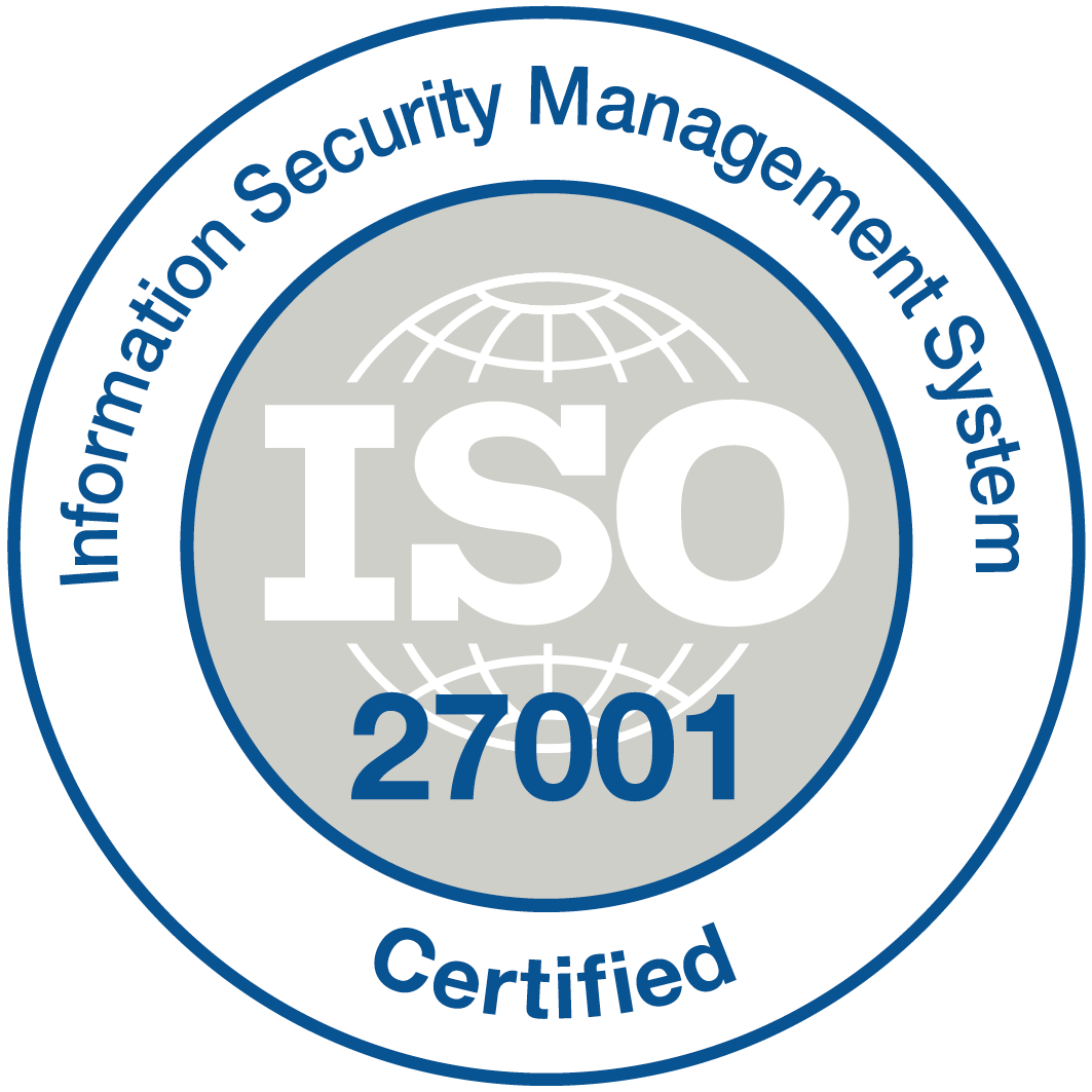 ISO 27001 Information Security Management System Certified badge, signifying adherence to international information security standards.
